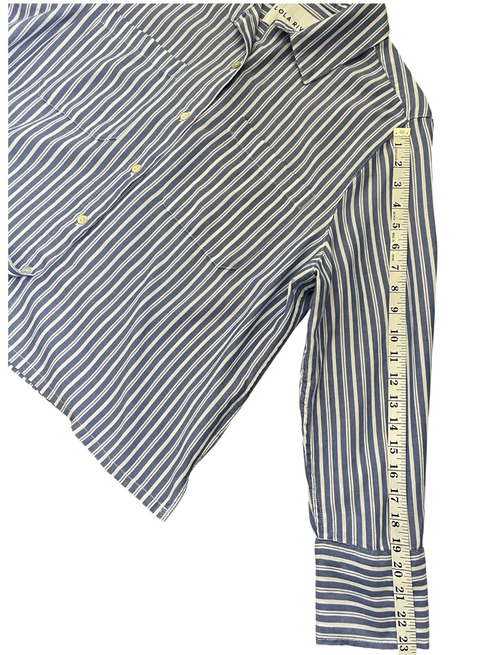 LOLA RIVER Blue-White Striped Button-Up Long-Sleeved Cropped Boxy Shirt. L - Picture 13 of 13